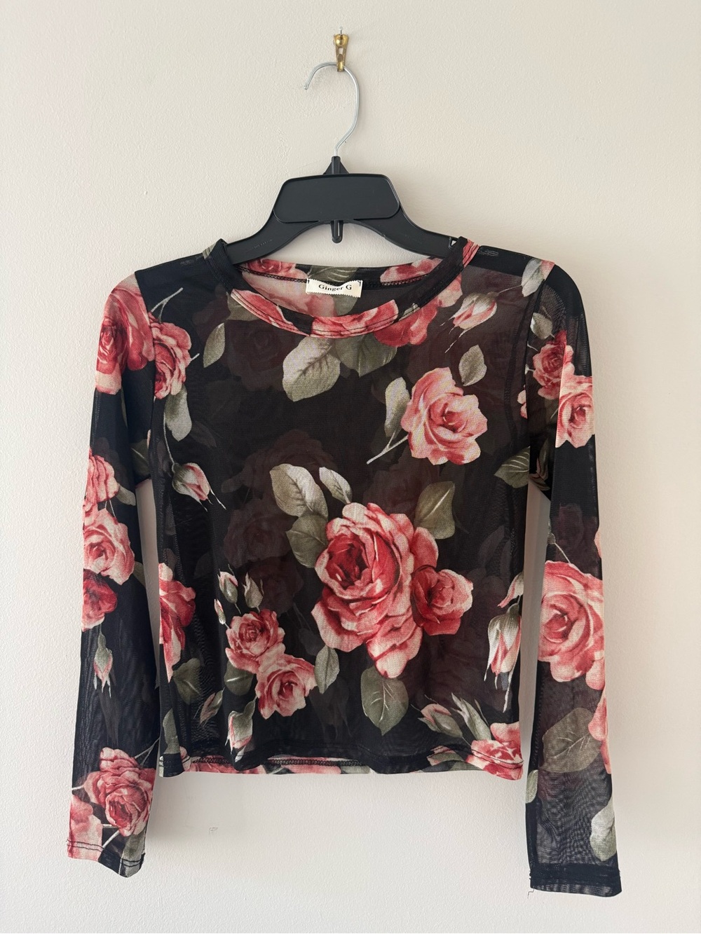 Ginger G Black Sheer Mesh Long-Sleeve Top with Pink Rose Print